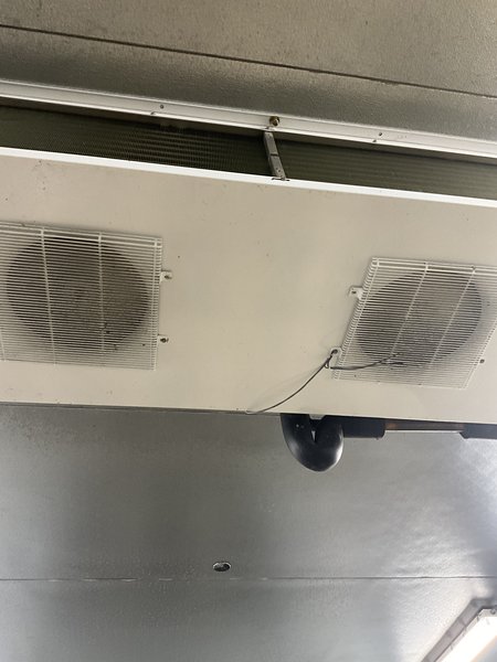 Fan guards meat walk-in prep room.